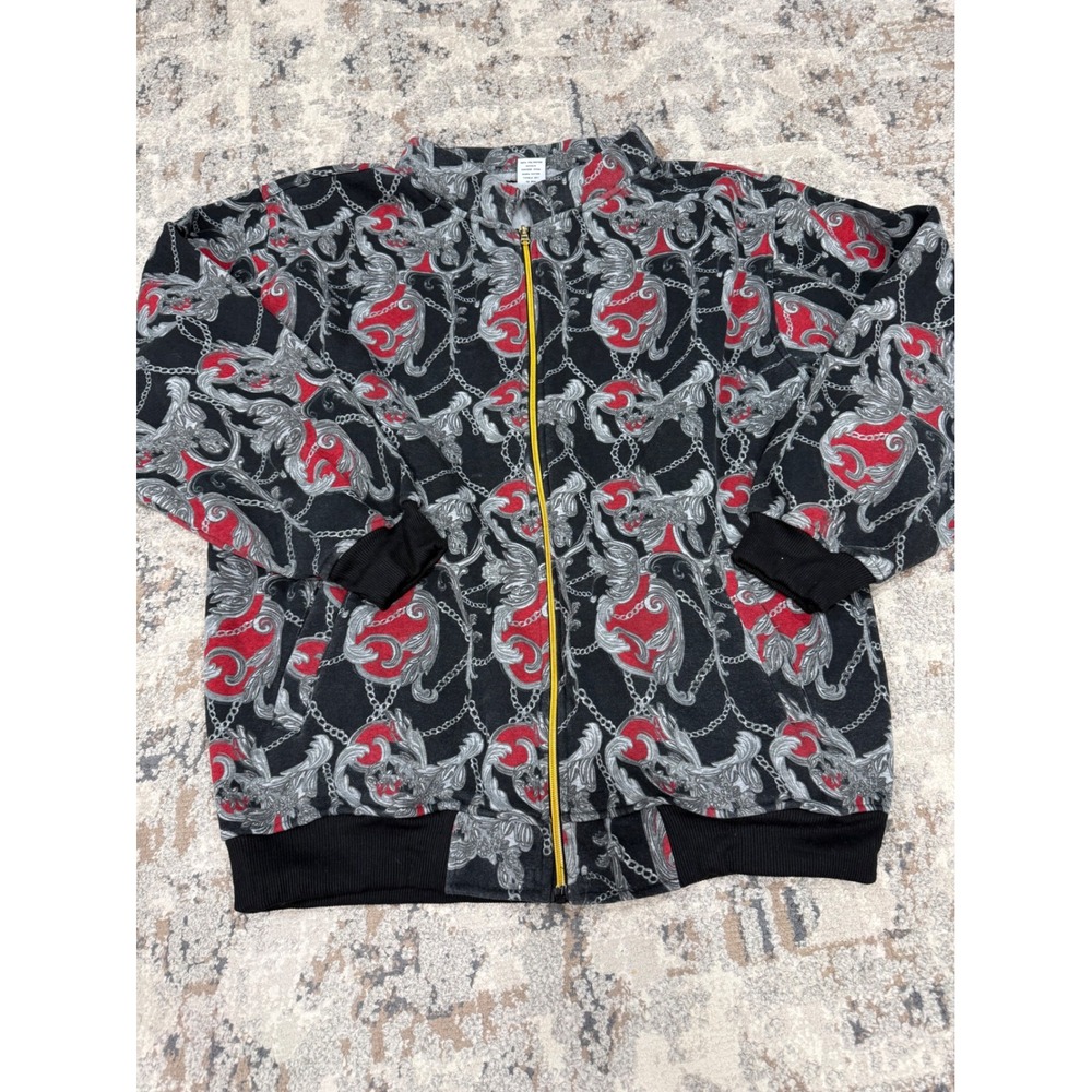 Beyond the Limit‎ Mens 2XL Baroque Chain Print Zip Bomber Hoodie Black Red Y2K